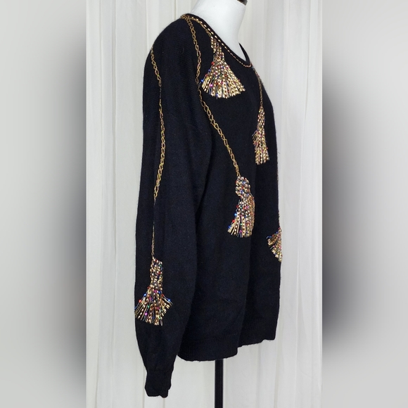 Vintage black knit wool beaded rhinestone Christmas Xmas tunic sweater L/XL - Picture 3 of 6